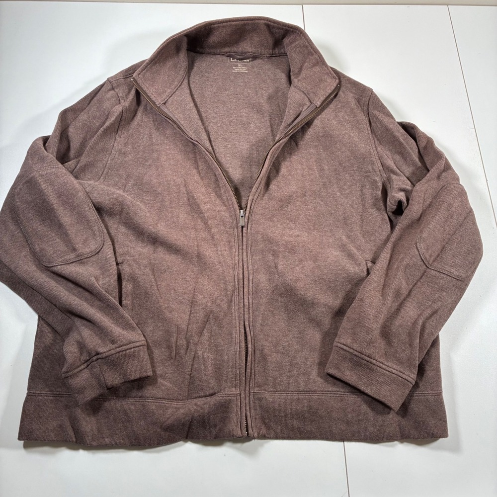 LL Bean Full Zip Sweater Jacket XL Brown Cotton Elbow Patches Mock Neck Hiking